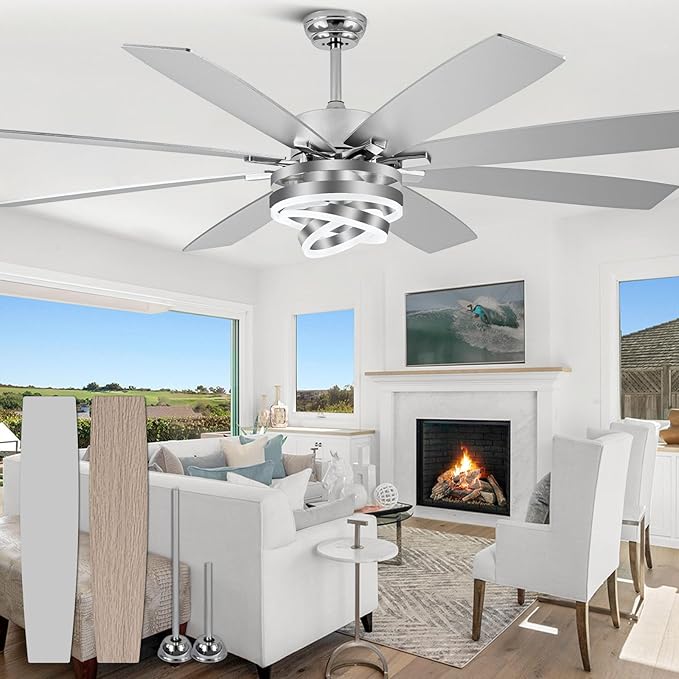 72" Large Modern Ceiling Fans with Lights and Remote Control | Remote control, 6-speed reversible DC motor, dimmable, 3 adj rings, dual finish; recommended for living room and kitchen.