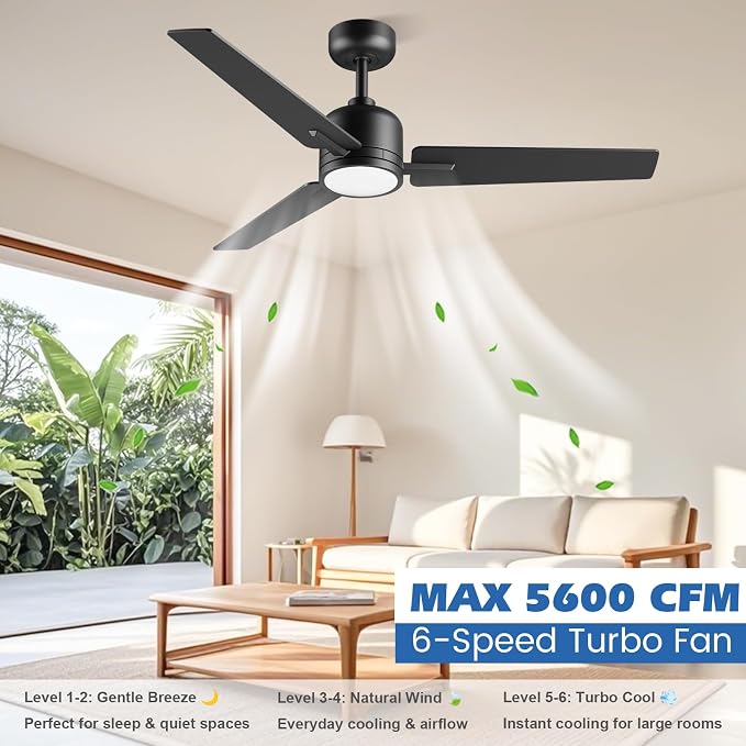 52 inch Ceiling Fans with Lights and Remote, Dimmable 3 Color temperatures LED, Reversible with Quiet DC Motor, 3 Blade High CFM Indoor Outdoor Modern Ceiling Fan for Bedroom Living Room (Black)