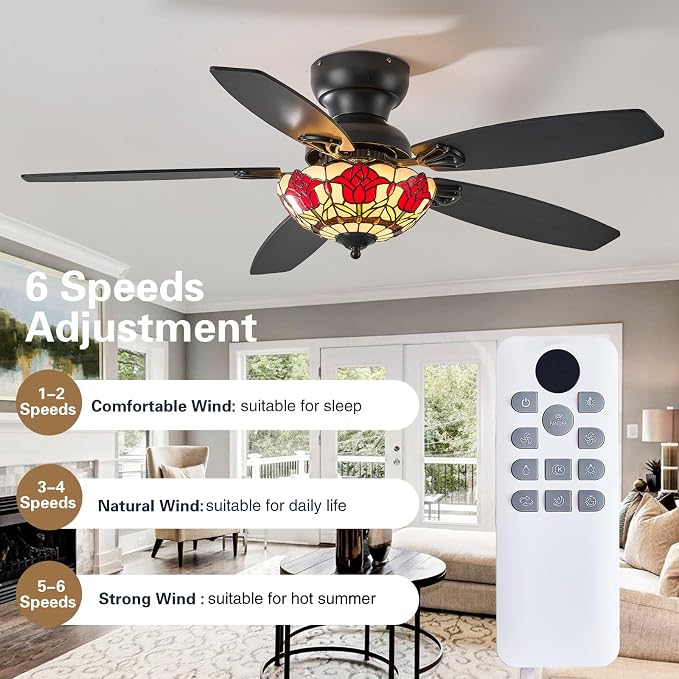 Tiffany Ceiling Fans with Lights - 48" Ceiling Fan Chandelier with 5 Dual-Blades and Glass Shade, 6 Speeds and Reversible, Indoor and Outdoor, Retro Style