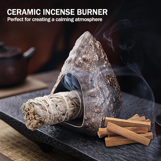 SAIBI Handmade Palo Santo Holder & Incense Cone Burner, Elegant Sage Smudging Accessory for Spiritual Rituals, Energy Cleansing, Meditation, Yoga & Aromatherapy, Thoughtful Gift (Triangular Volcano)