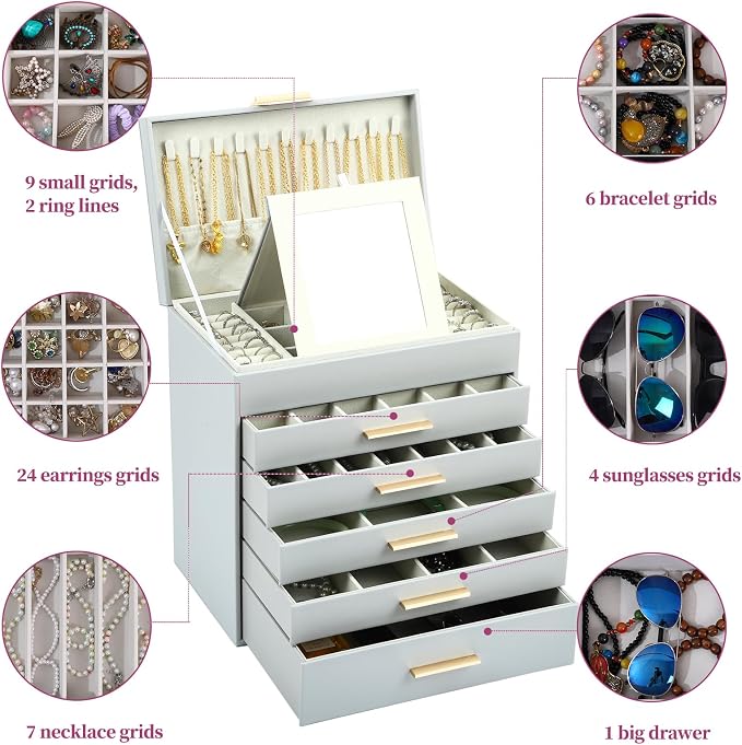 BOOVO Jewelry Boxes for Women, White and Black 6 Layer Large Jewelry Box for Necklace, Bracelet, Earrings, Rings Storage, Jewelry holder Organizer for Girls Gift (Grey and Gold, 6 layer)