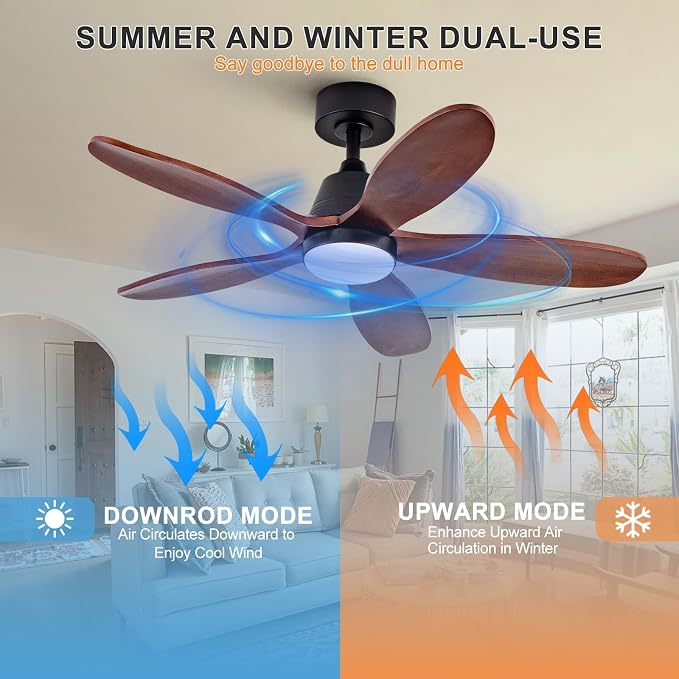 Ceiling Fans with Lights, 42 inch Ceiling Fan with Light and Remote Control, 3CCT, Dimmable, Reversible, Noiseless, Black Ceiling Fan for Bedroom, Living Room