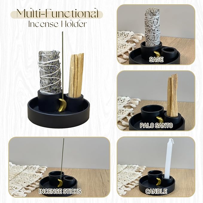 4 in 1 Incense Burner Holder, Palo Santo Holder, Sage Holder for Burning, Ceramic Incense Sticks Holder for Meditation Yoga Room Home Decor(Black)