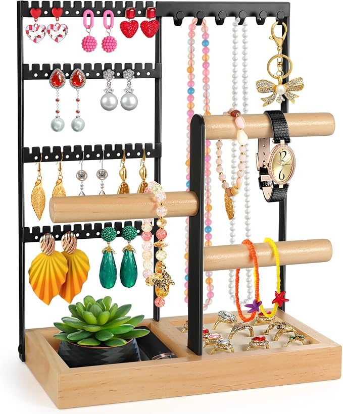 Godboat Jewelry Stand - 48 Holes Earring Holder, 4-Tier Necklace Organizer | 6 Hooks Jewelry Organizers and Storage, Bracelet Ring Rack with Wood Box, Preppy Gift Room Decor for Teen Girls Women, Black