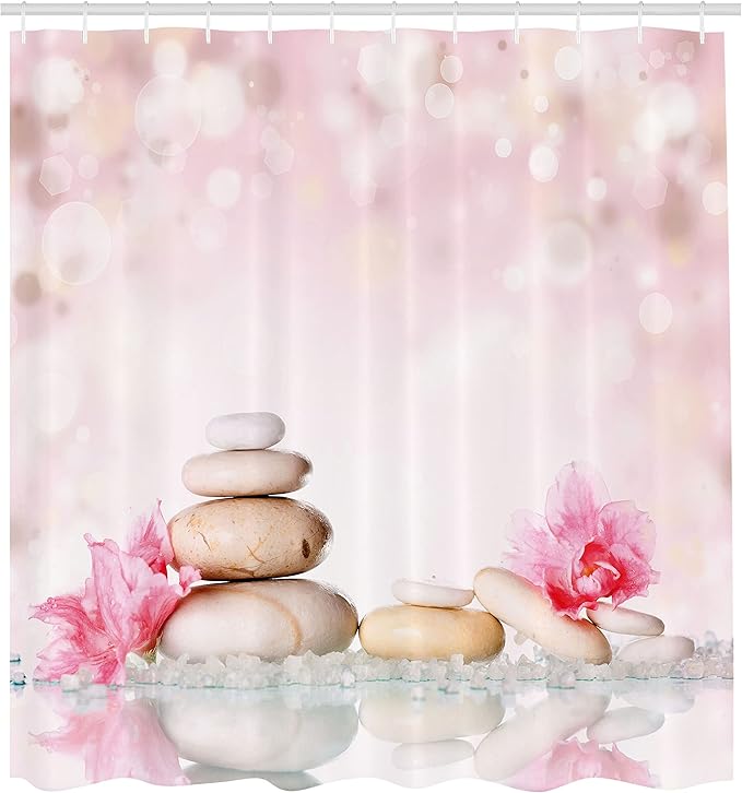 Ambesonne Spa Shower Curtain, Bohemian Stones and Soft Petals Therapy Tradition Yoga Picture, Cloth Fabric Bathroom Decor Set with Hooks, 69" W x 70" L, Pale Pink Peach