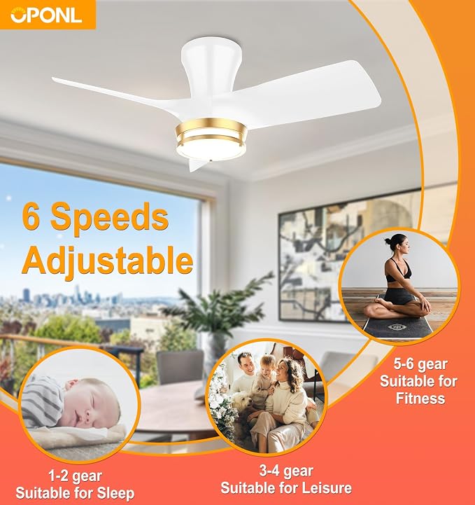 OPONL Ceiling Fan with Light, 30 inch Low Profile Ceiling fan with Light and Remote Control, Reversible, 6CCT, Dimmable, Noiseless, White Ceiling Fan for Bedroom, Indoor/Outdoor Use, Modern