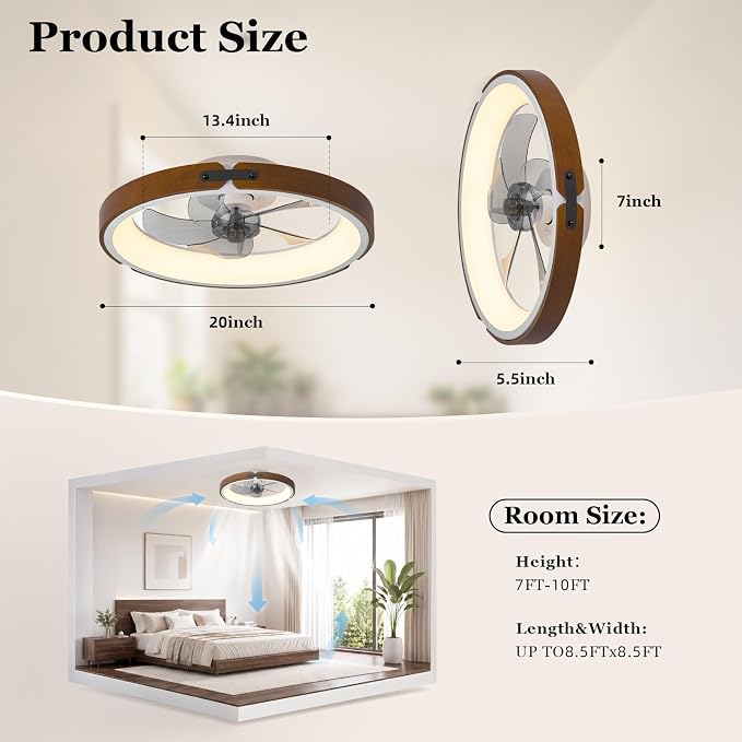 Ceiling Fans with Lights,20 Inches Low Profile Ceiling Fan with Light and Remote/APP Control,3500-6500K Dimmable LED Timing and 6 Speeds Semi Flush Mount Wood Bedroom Lighting