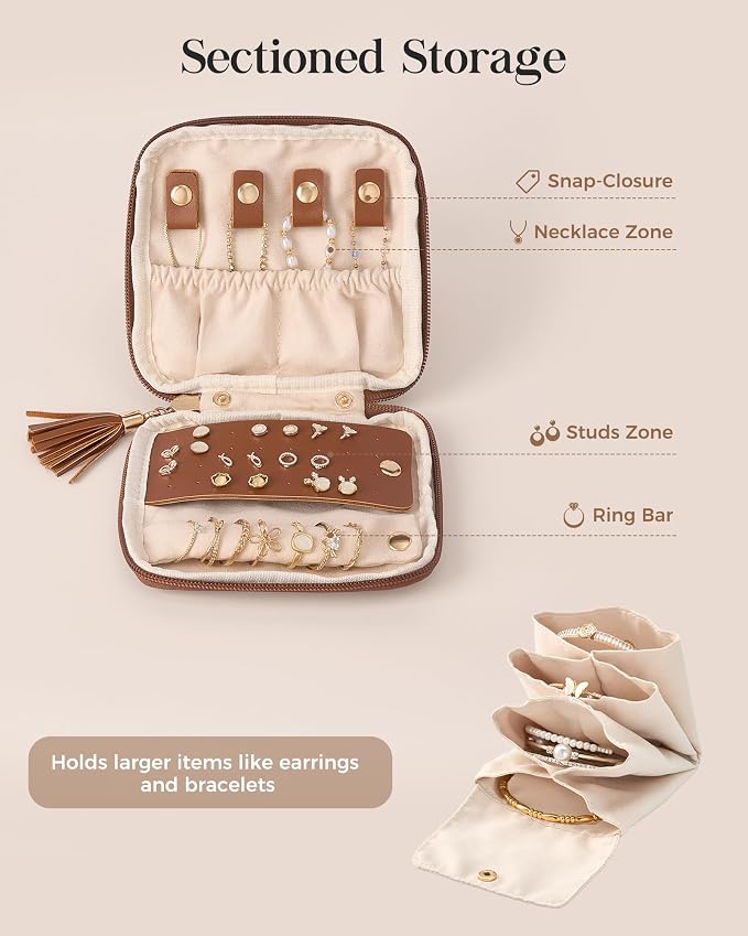 Lolalet Travel Jewelry Case Organizer, Soft Jewellery Pouch -Brown | Storage Bag for Traveling Women, with Multi Compartments for Packing Necklaces, Earrings, Bracelets