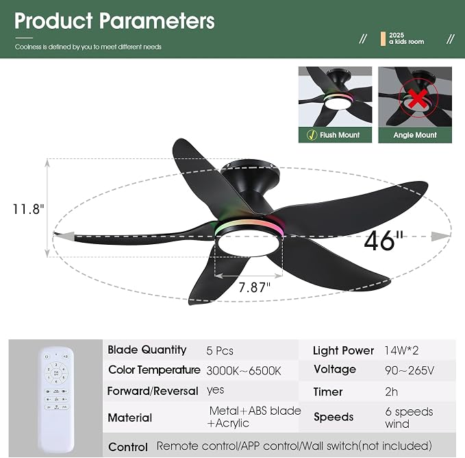 46" Ceiling Fans with Lights Remote/APP Control, Low Profile Ceiling Fans with Dimmable White Colors+Ring RGB Lights, 6 Speeds 5 Reversible Curved Blades for Kids Room Bedroom Living Room Bar, Black