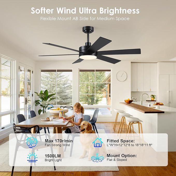 BayDay Farmhouse Rustic Ceiling Fans with Lights and Remote, Bedroom Living Room Kitchen Fans Ceiling with Light Chandier (Black, 52 inch)