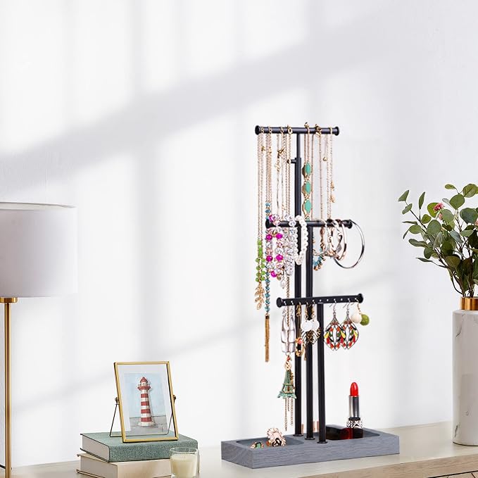 Love-KANKEI 3-Tier Jewelry Holder,Adjustable Height,Black/Weathered Grey | Metal Rod,Solid Wood Base,Easy to Install,Tree Style,Display Long Necklaces,Bracelets,Earrings,Rings,Watches,Bangles,Gift