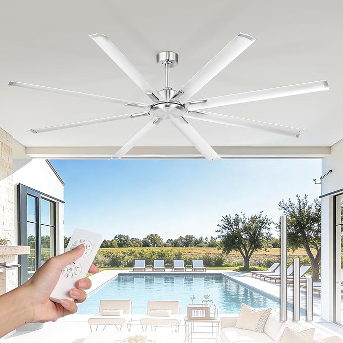 84 Inch Industrial Ceiling Fan Without Light, Brushed Nickel Outdoor Model for Covered Areas, 8 Aluminum Blades, Powerful Airflow, Modern No-Light Design, CF04NBN-84