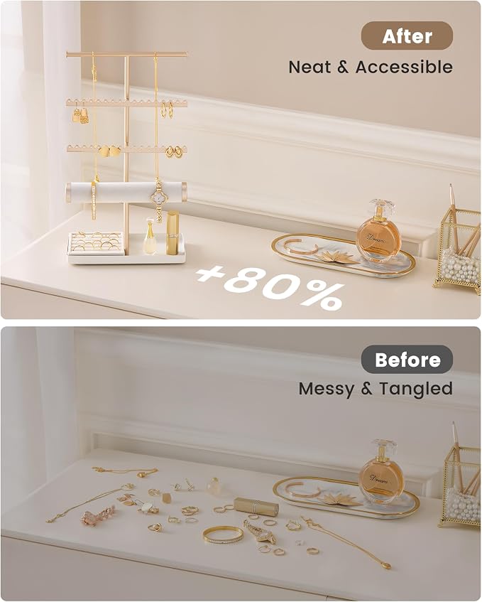 Lolalet Jewelry Organizer Stand, Necklace Bracelet Holder -Champagne Gold | Space-Saving Jewelry Display Storage Rack on Vanity Dresser for organizing Earrings Bangels Rings