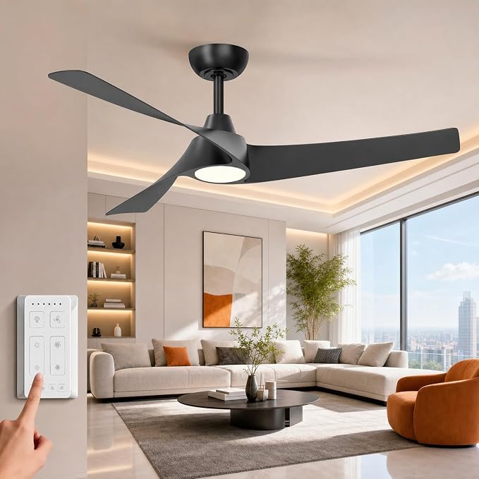 TALOYA 52 inch Modern Ceiling fan with Light, 3 Blades Ceiling Fans with Lights and remote, 3000K-6500K, Dimmable, Quiet, Outdoor Ceiling fan For Living Room, Bedroom, Patio, Farmhouse, Black