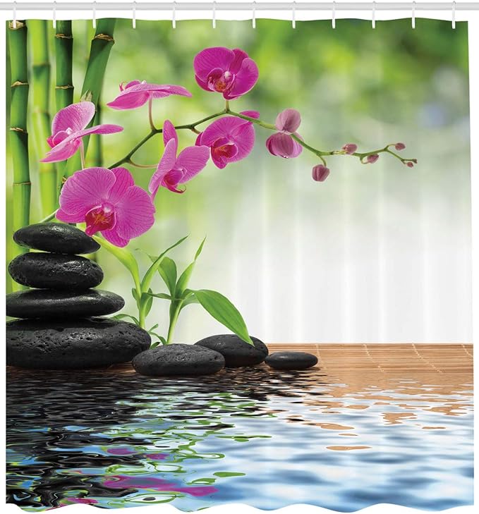 Ambesonne Orchid Shower Curtain, Greenery Composition of Tree and Exotic Wild Fuchsia Flowers Stones, Cloth Fabric Bathroom Decor Set with Hooks, 69" W x 75" L, Charcoal Grey Lime Green