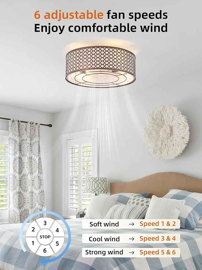 20" Brown Ceiling Fan with Light Flush Mount, Caged Farmhouse Ceiling Fans with Lights Remote Control, Round with 6 Speeds for Bedroom, Nursery, Living Room