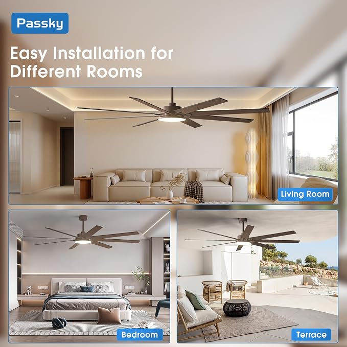 80 Inch Ceiling Fans with Lights, Large Modern Ceiling Fan with Light and Remote Control, Reversible, 3CCT, Dimmable, Quiet, Brown Ceiling Fan for Bedroom Living Room Patio Farmhouse, Indoor/Outdoor