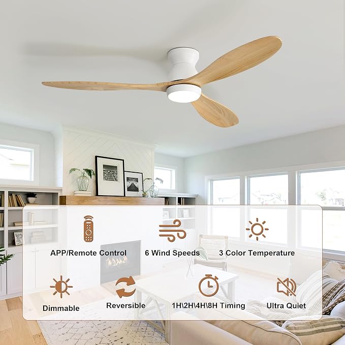 52 Inch Ceiling Fan with Light and Remote & APP Control, 3 Wooden Blades, 6 Wind Speeds, Quiet DC Motor, Indoor Low Profile Ceiling Fan for Bedroom Living Room Farmhouse Patio