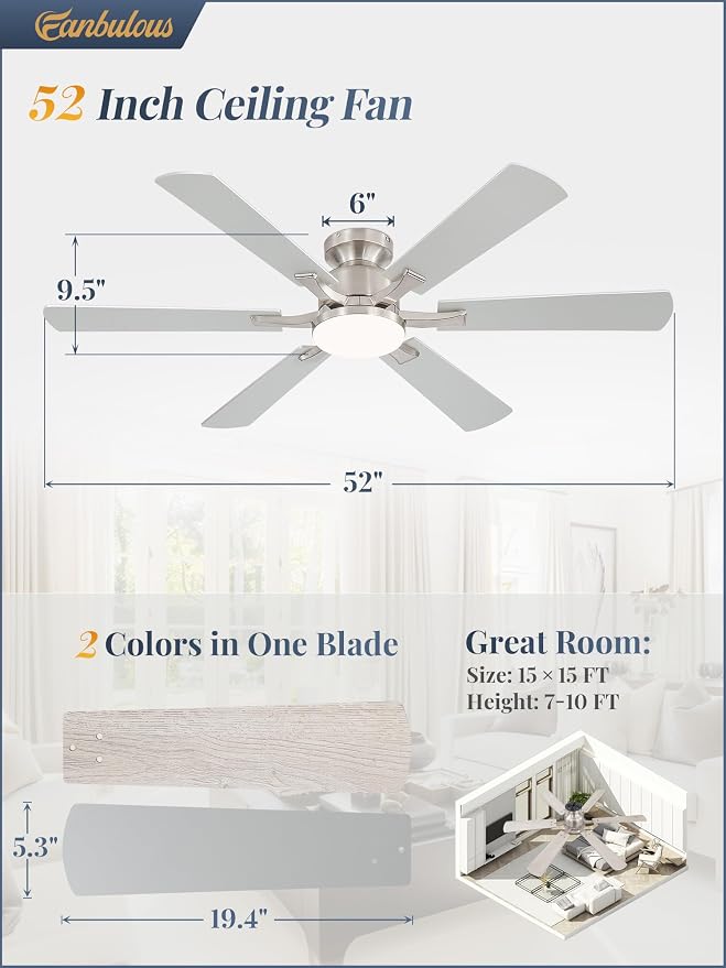 Fanbulous 52 Inch Ceiling Fan with Lights, APP & Remote Control, Flush Mount Low Profile Brushed Nickel Ceiling Fan, 3000-6000K Dimmable LED, Quiet Reversible Motor, 6 Speeds, for Bedroom Living Room