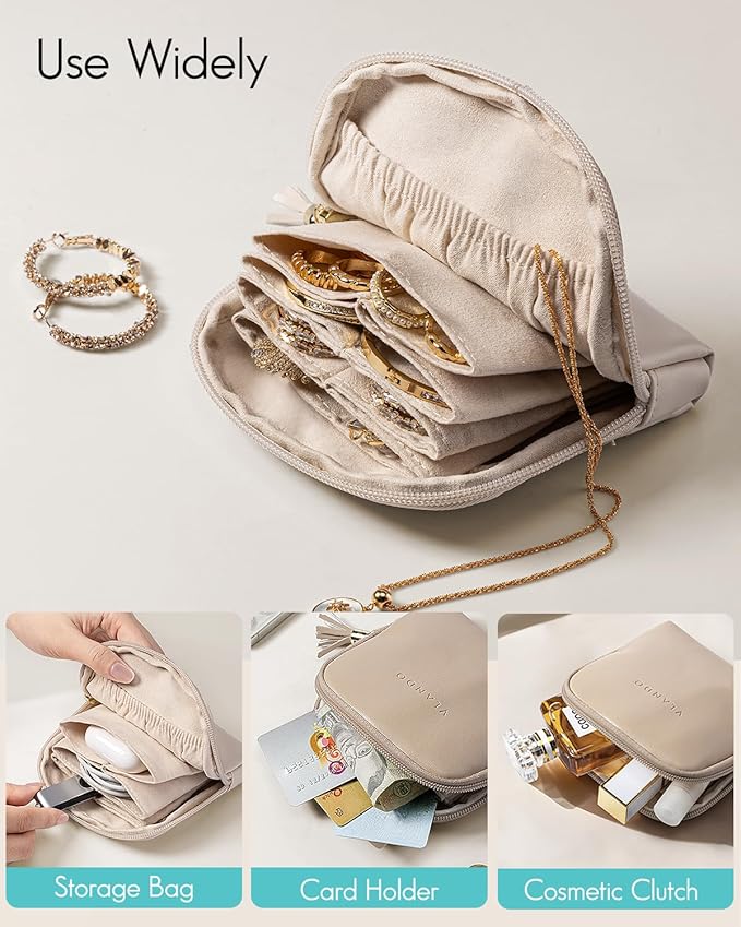 VLANDO Small Travel Jewelry Organizer,Bridesmaid Gifts,Jewelry Pouch Bags,Velvet Jewelry Storage Bag for Bracelet Rings Earring,Portable Jewelry Travel Case for Traveler-Apricot Pink