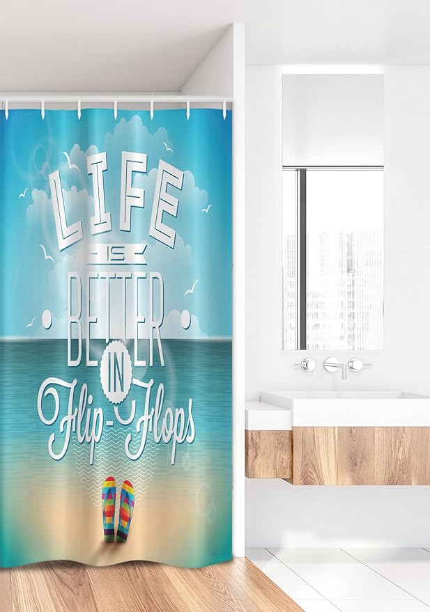 Ambesonne Saying Stall Shower Curtain, Life is Better in Flip-Flops Inspirational Phrase on a Seascape Hot Summer Print, Fabric Bathroom Decor Set with Hooks, 36" W x 72" L, White Aqua