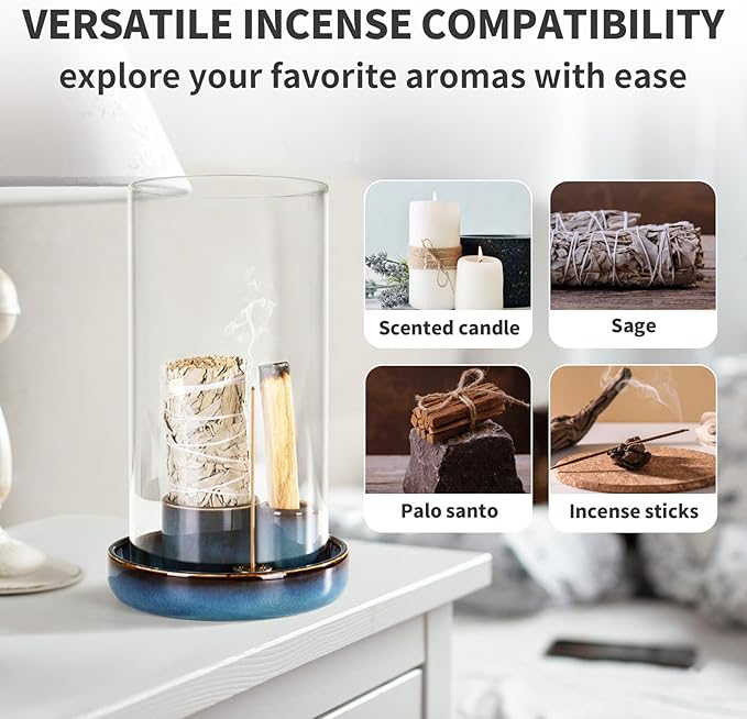 Incense Holder for Sticks with Glass Ash Catcher, Anti-Ash Flying, 4 in 1 Incense Burner Palo Santo Holder Insence-Stick Holder and Candle Holder for Burning Sage and Sticks for Burning