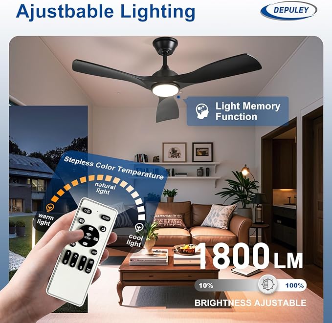 Depuley 42-Inch Ceiling Fan with Light: Black 3 Blade Outdoor Fans for Patios - Dimmable Ceiling Fan with Remote Control Fandelier Quiet DC Motor Reversible 6 Speed Timer