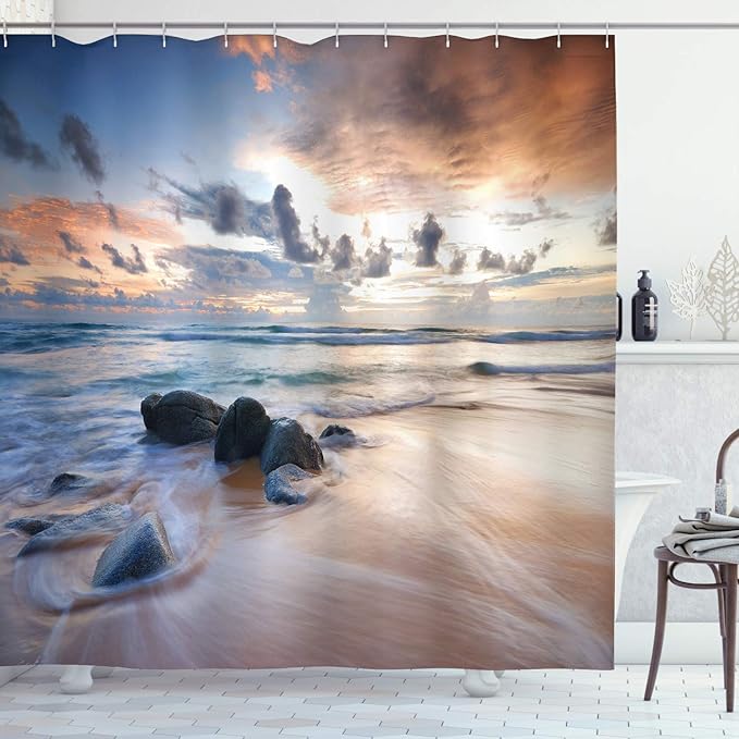 Ambesonne Coastal Shower Curtain, Rocky Coastline with Sunset Rays of Day The Clouds Landscape Beach Picture, Cloth Fabric Bathroom Decor Set with Hooks, 69" W x 75" L, Ivory Blue
