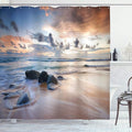 Ambesonne Coastal Shower Curtain, Rocky Coastline with Sunset Rays of Day The Clouds Landscape Beach Picture, Cloth Fabric Bathroom Decor Set with Hooks, 69" W x 75" L, Ivory Blue