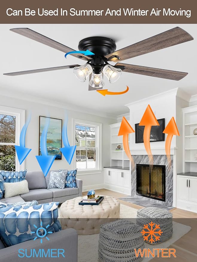 52" Flush Mount Crystal Ceiling Fan with Lights and Remote | Rustic Chandelier Ceiling Fan, Low Profile Farmhouse Fandelier for Bedroom Living Room Kitchen, 3 E12 Bulbs (Not Included)