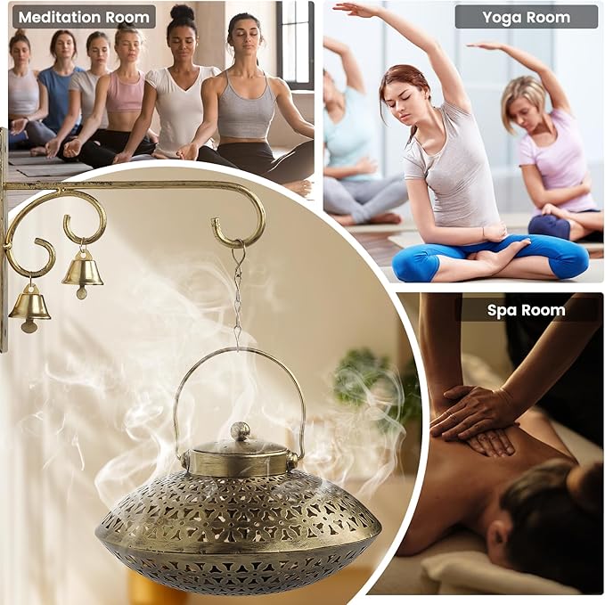 Lotoo Hanging Incense Burner, Cone Incense Holder with Brass Bells, Vintage Antique Home Room Wall Decor for House Warming Spiritual Reiki Yoga Meditation Gifts for Women Men