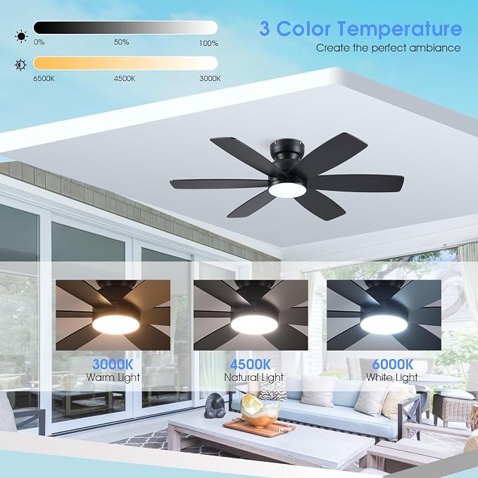 Kviflon 46 Inch Modern Ceiling Fans with Lights Remote/APP Control, Low Profile Ceiling Fan with Light, Flush Mount, 3CCT, 6 Reversible Blades, 6 Speeds, Double Sided for Bedroom Living Room, Black