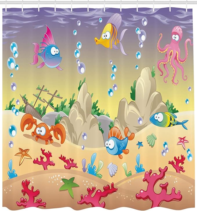 Ambesonne Underwater Shower Curtain, Cartoon Design Funny Sea Animals Fishes Sunken Ship Coral Reef and Bubbles, Cloth Fabric Bathroom Decor Set with Hooks, 69" W x 70" L, Warm Taupe Blue