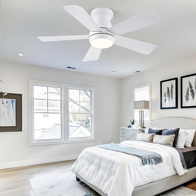 Hounberi 40" Low Profile Ceiling Fan with Light and Remote, Flush Mount White Modern Fan for Low Ceilings, Quiet Reversible Motor, 3-CCT Dimmable Lighting for Bedroom & Living Room