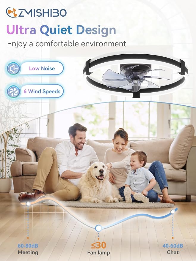 ZMISHIBO RGB Ceiling Fans with Lights and Remote, 20 inch Low Profile Ceiling Fan with Light, 3000K-6000K Dimmable & RGB, Modern Fandelier Flush Mount Ceiling Fan, Small LED Fan for Bedroom