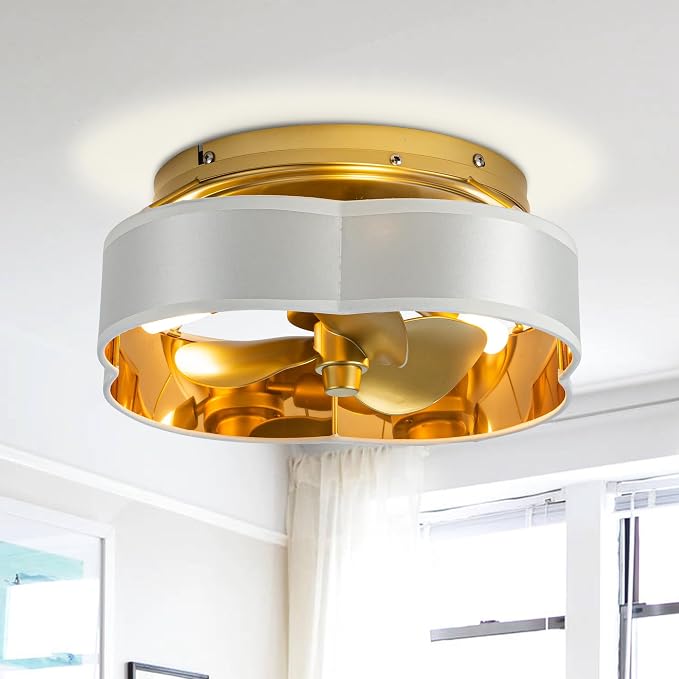 Caged Gold Fandelier Ceiling Fan with Light, 13.2 inch Low Profile Ceiling Fans with Lights and Remote, Max 1350 RPM Flush Mount Boho Ceiling Fan Chandeliers with G9 LED Light for Bedroom Foyer