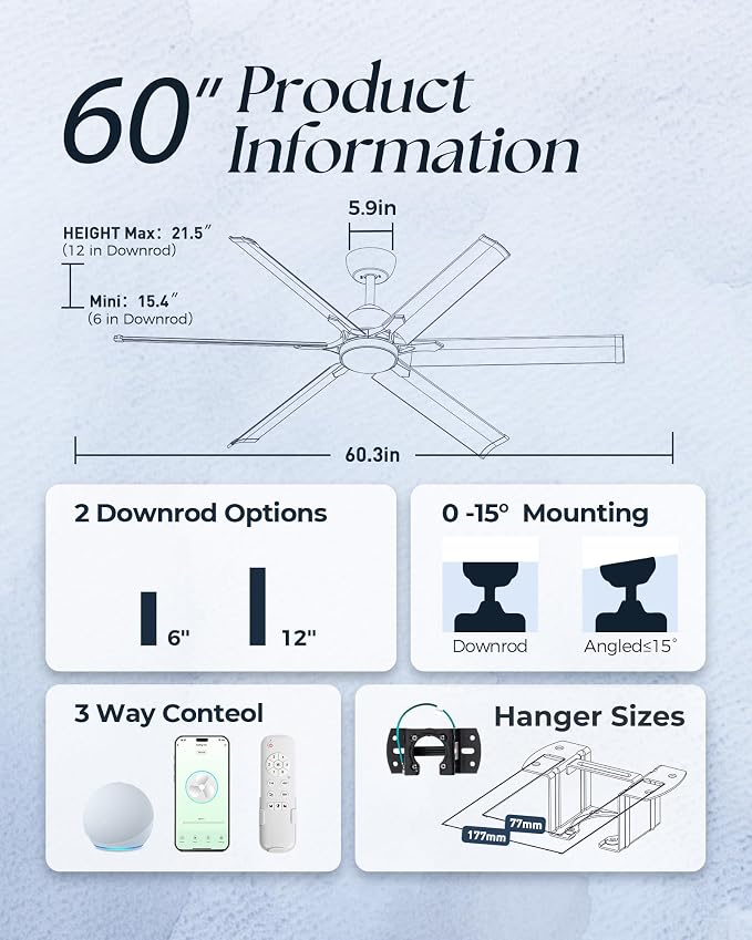 60 Inch Aluminum Smart Ceiling Fan with Alexa APP,Large Black Ceiling Fan with Remote,3CCT,6 Speed,Quiet DC Motor Metal Outdoor Indoor Fan for Patio,Living Room,Bedroom