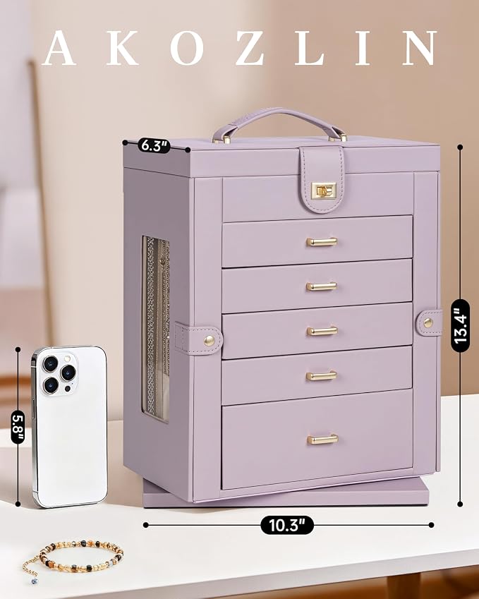 AKOZLIN 6-Tier Jewelry Box Organizer Functional 5 Drawers Leather Jewelry Storage Case for Women Girls Ring Necklace Earring Bracelet Holder Organizer with Mirror XL Purple 360° Rotating