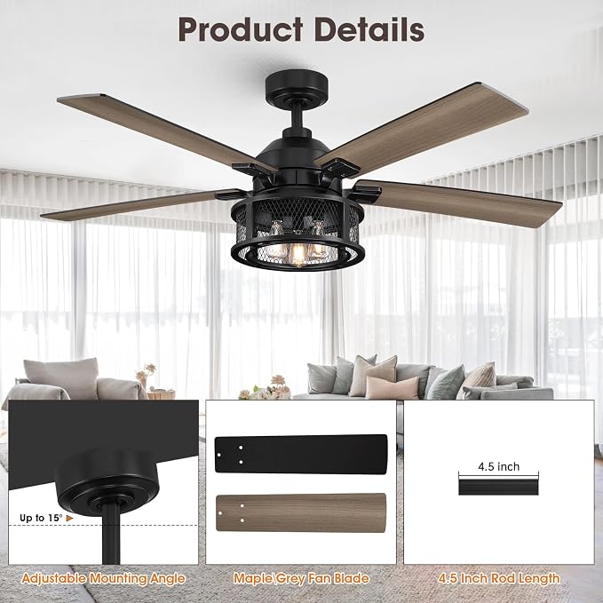 52 Inch Farmhouse Ceiling Fans with Lights and Remote, Outdoor Ceiling Fan with 5 Dual Finish Blades, Black Ceiling Fan with Reversible Quiet Motor for Bedroom, Living Room, Kitchen, Black
