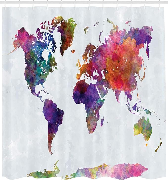 Ambesonne Watercolor Shower Curtain, Multicolored Hand Drawn World Map Asia Europe Africa America Geography Print, Cloth Fabric Bathroom Decor Set with Hooks, 69" W x 70" L, Purple Multicolor