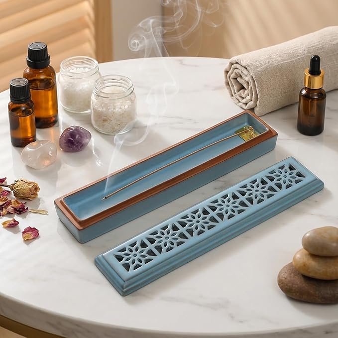 CEREMONY Incense Holder for Sticks, Ceramic Insence-Stick Holder Ash Catcher, Incense Holder Timkburner for Meditation Yoga Spa Room Incense Holder (Lever Blue)