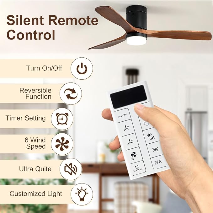 Sofucor 52 Inch Smart Ceiling Fans with Lights, Flush Mount Ceiling Fan with Lights and Remote, Work with Alexa/Google/App, Quiet DC Motor, 3 Blade Wood Ceiling Fan for Bedroom Patio, Walnut&black