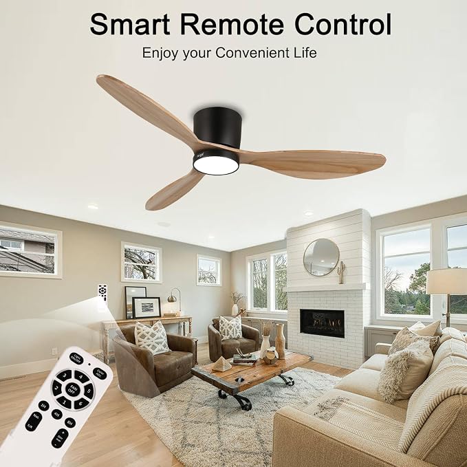 reiga 52" Natural Wood Flush Mount Ceiling Fan with Light, Quiet DC Motor | 3 solid wood blades, reversible silent motor; dimmable 3CCT LED light, remote timer for bedroom & mid-century indoor spaces
