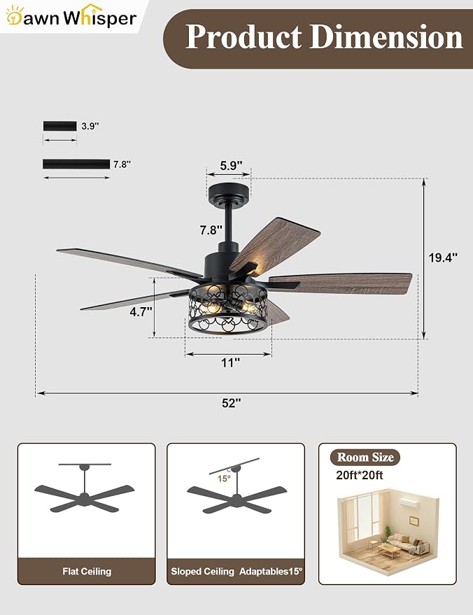 Dawn Whisper 52 Inch Farmhouse Ceiling Fans with Lights and Remote Quiet and Reversible DC Motor Black Industrial Rustic Caged Ceiling Fan for Bedroom Living Room Covered Patio (12-Black)