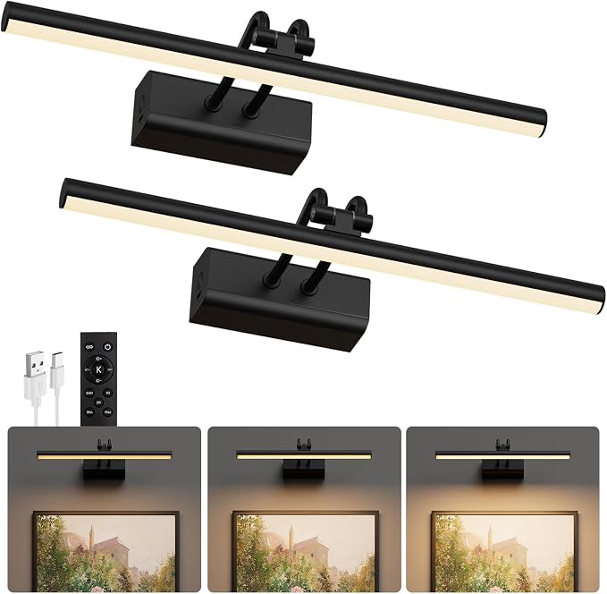 Battery Operated Wall Light for Living Room Picture Light for Wall Set of 2, 4000 mAh, 14'' Dimmable Art Painting Light, Remote Control, Display for Gallery, Living Room, Bedroom (Black)