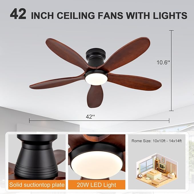 42 Inch Ceiling Fans with Lights and Remote, Low Profile Flush Mount Modern Wood Ceiling Fan with Light, 5 Blades, Wall Switch, Indoor Outdoor Ceiling Fan for Patio Dining Room