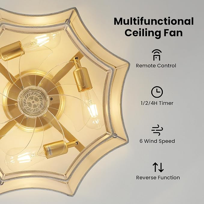 Boho Ceiling Fan with Light, 20'' Flush Mount Caged Ceiling Fan with Light Remote Control, Linen Fabric Low Profile Fandelier with 6 Speeds for Bedroom, Living Room