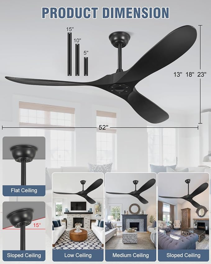 Yahada 52" Ceiling Fan no Light, Wood Ceiling Fans without Lights with Remote Control, 3 Blades, ETL Listed, Timer, 6 Speeds Reversible Quiet DC Motor Outdoor Fan for Patio Bedroom Porch, Matte Black