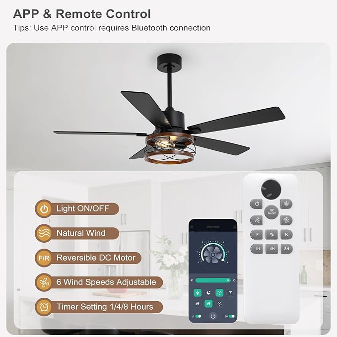 Qcyuui Farmhouse Ceiling Fan with Light 52 Inch Ceiling Fan with Light, Quiet 6-Speed Reversible DC Motor, Dual Finish 5 Blades, Rustic Caged Fandelier Ceiling Fan with Light for Living Room