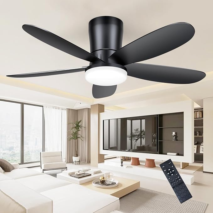 Ceiling Fans with Lights, Low Profile 42-Inch Modern Small Ceiling Fan for Bedroom Indoor Outdoor - Dimmable Fans with Timer Remote Control Flush Mount Reversible 5 Blades 6 Speeds, Black
